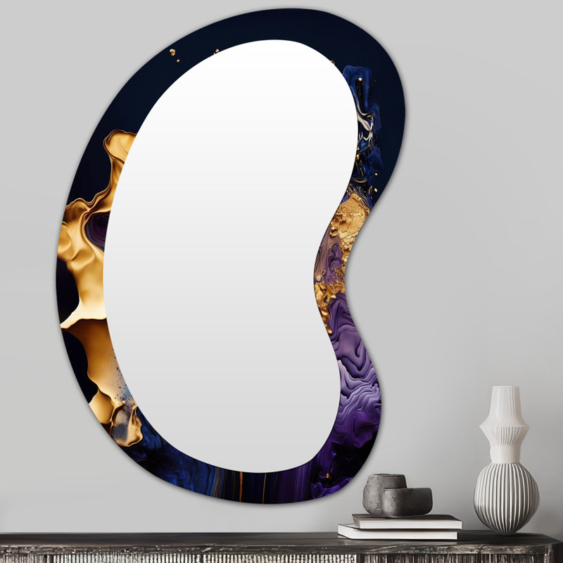 Géohagan abstrait marbre géode mauve I - grand miroir mural asymétrique à encre liquide, miroir unique de forme unique moderne, art imprimé en métal