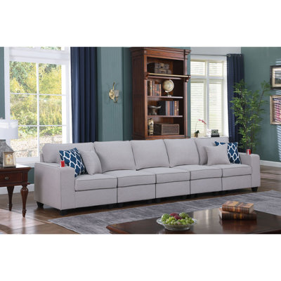 Linen Upholstered 5-Seater Sofa With 2 Cupholder
