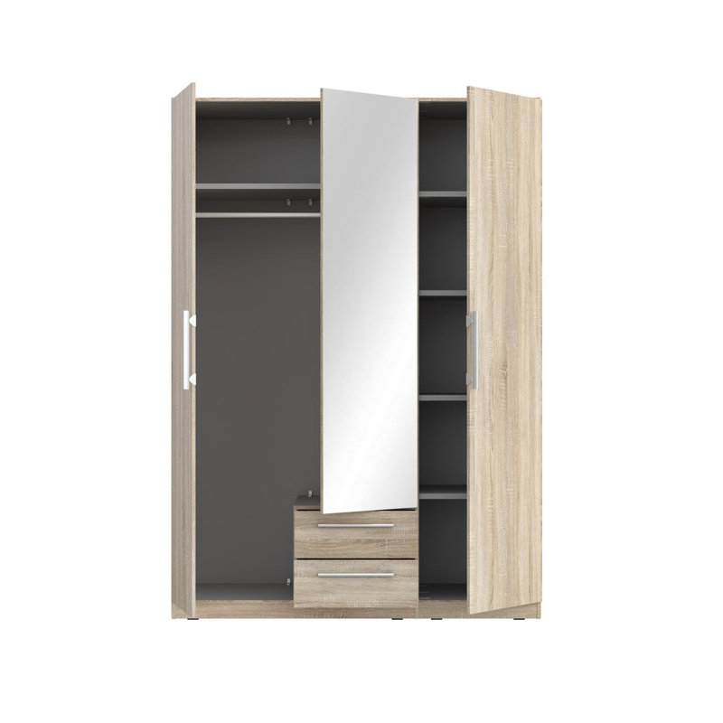 Charlsea 3 Door Mirrored Wardrobe with 2 Drawers in Sonoma Oak, 151 cm