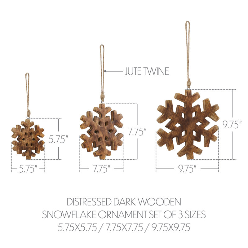 Ensemble de 3 ornements en forme de flocon de neige en bois foncé vieilli - 5,75 / 7,75 / 9,75 pouces