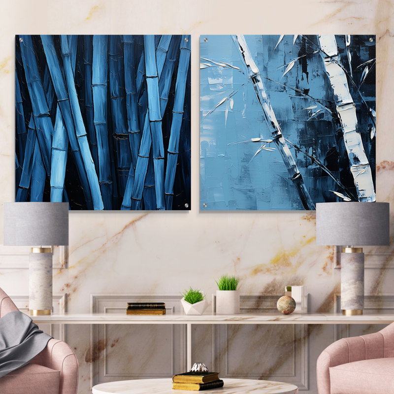 Serenity in Wild Blue Bamboo - Ensemble de 2 verres muraux en acrylique, H 16 po x l 33 po