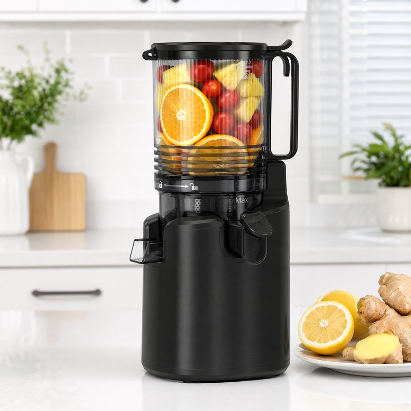 Extracteur de jus à pression froide avec goulotte d'alimentation de 6 pouces de large, extracteur de jus à mastication lente à haut rendement, moteur sans brosse silencieux et facile à nettoyer, presse-agrumes à légumes entiers, noir / argent