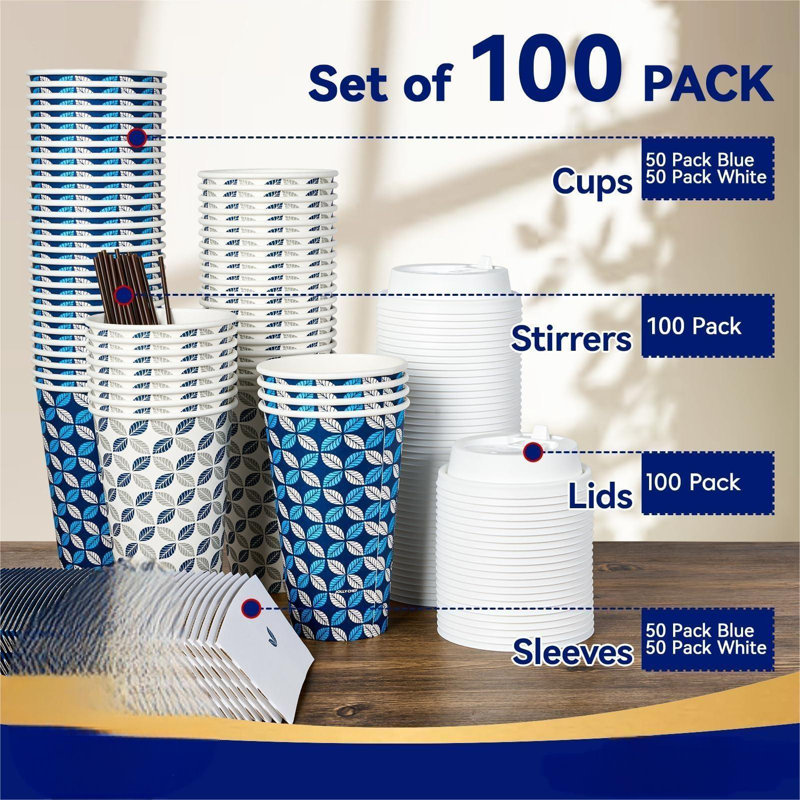 16 tasses à café 16 oz avec couvercle, paquet de 100 tasses à café jetables en papier chaud avec couvercles, manchons et agitateurs pour Noël, l'Action de grâce, la fête