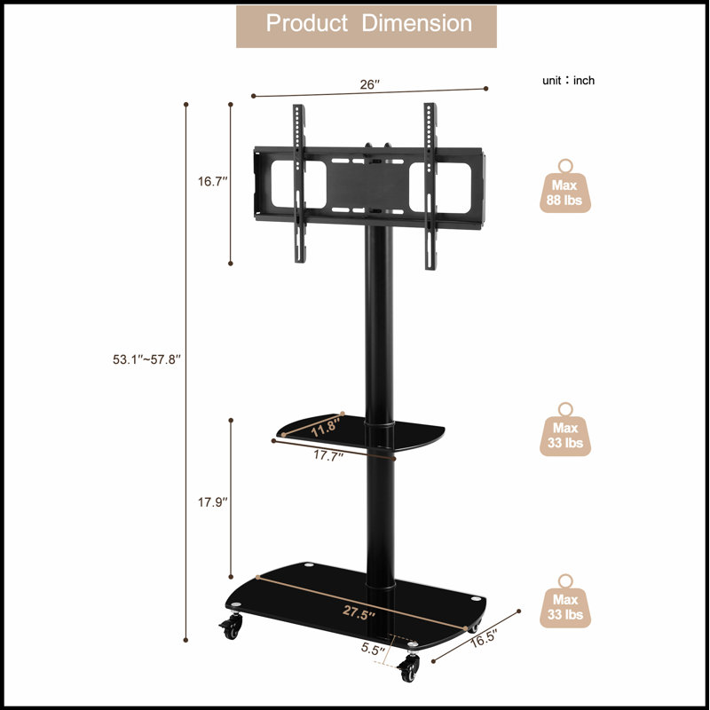 Sturdy Metal and Tempered Glass TV Stand with Secure Lock, Supports Up to 88 lbs for Safe and Stable Entertainment