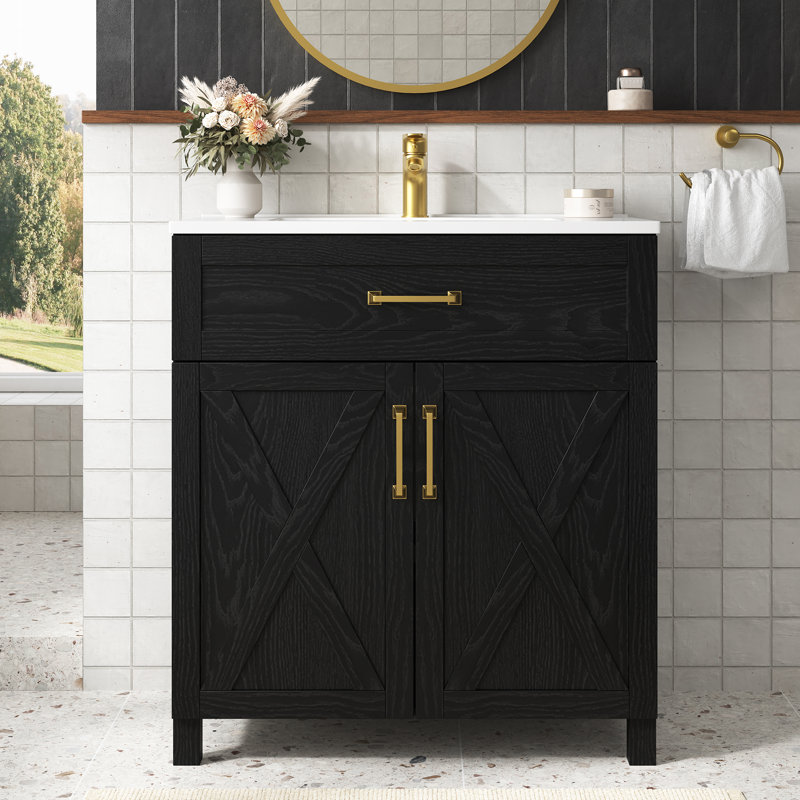 Ensemble de meuble-lavabo autoportant en chêne noir avec plateau en composite Arvie