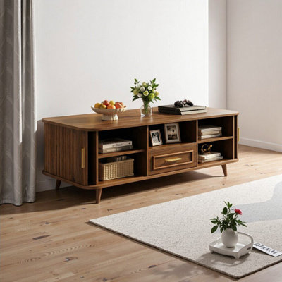 Mid-Century Modern Coffee Table with Storage - Walnut Wood Finish, 2 Doors & 1 Drawer, Elegant Living Room Furniture
