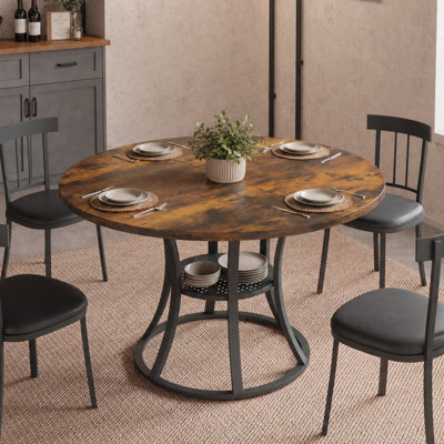 108cm Round Dining Table for 2-4 People, Rustic Brown & Black