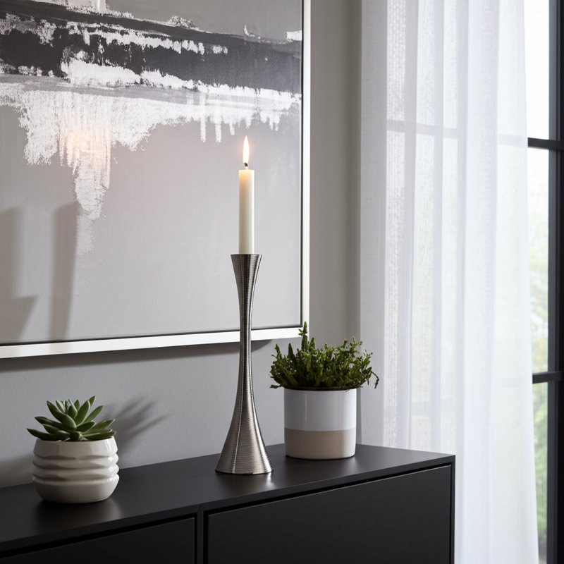 Porte-bougie conique en métal et aluminium, Argent, H 9,5 po x l 3 po x P 3 po