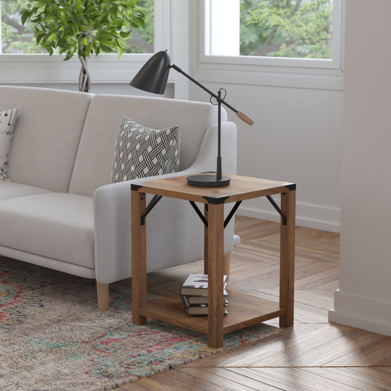Tenelle 2-Tier Side Table with Metal Side Braces and Corner Caps, Rustic Oak