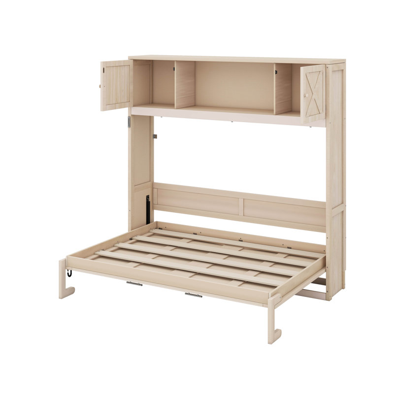Grand lit escamotable avec armoires de rangement, Beige