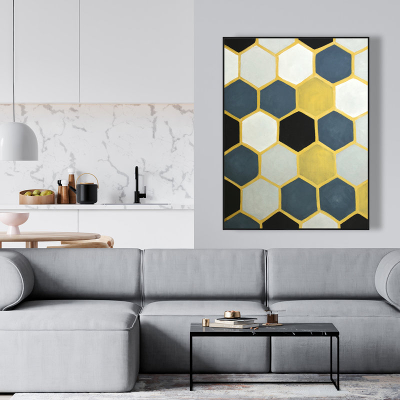 «Blue and Gold Cells - Shapes», toile encadrée dorée