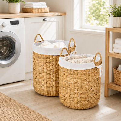 Paniers de rangement ronds en jacinthe d'eau, panier à linge tissé à la main avec doublure amovible (paquet de 2)