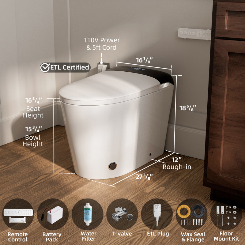 Los Flexi E5D Smart Toilet with Bidet, Built-In Water Tank, Battery Backup Flush, Foot Kick Flush, Side Panel Control & Remote, ETL Plug