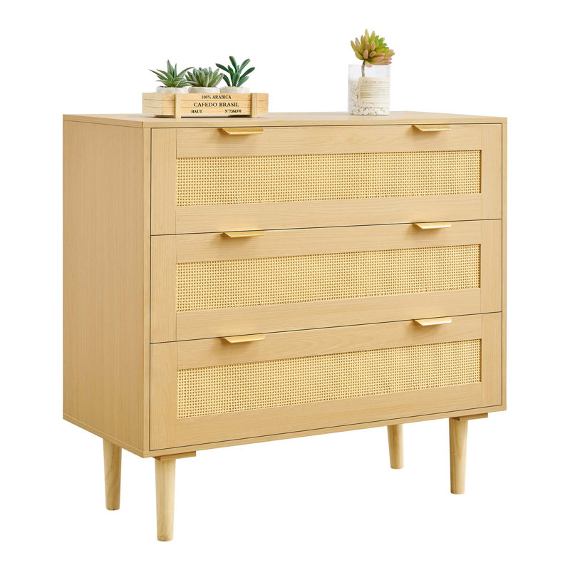 Commode moderne en rotin avec 3 tiroirs spacieux et poignées en métal