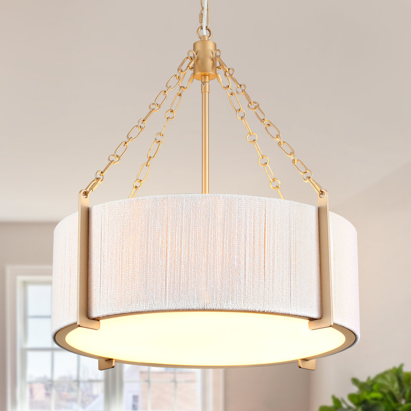 5 Light 21.3'' Dimmable Industrial Drum Chandelier With Fabric Shade, Etl Listed, Gold