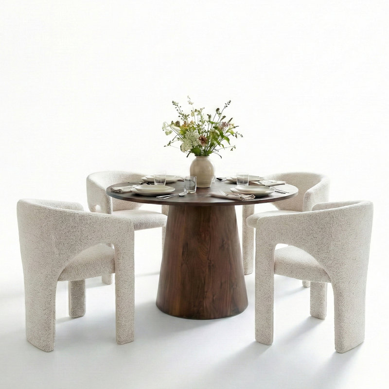 5-Piece Modern Round Dining Set With 46" Pedestal Table & Upholstered Barrel Chairs, Brown