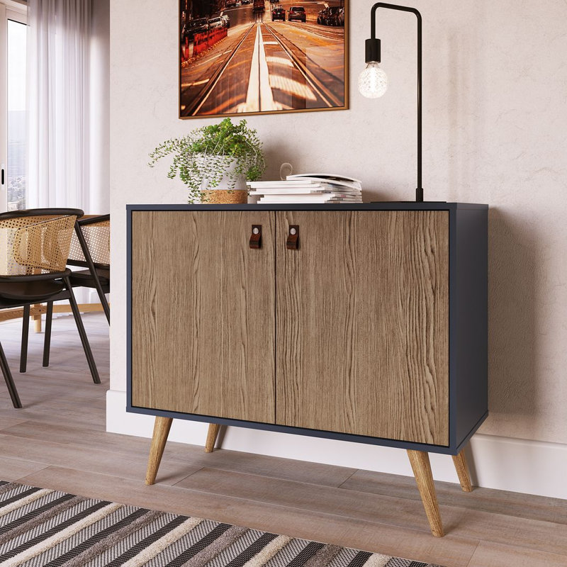 Amber 33" Mid-Century Modern 2-Door Accent Cabinet with 2 Shelves in Blue and Natural, Brown/Blue