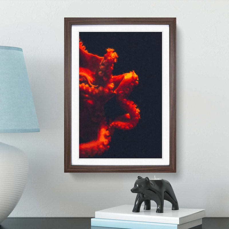 Red Octopus - Picture Frame Graphic Art Print, Walnut Framed, 87cm H x 62cm W x 2cm D