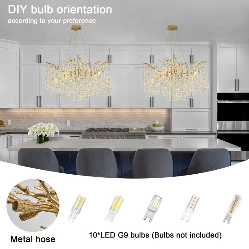 Tree Branch Snow Crystal Chandelier Lighting 32"D, Gold/White
