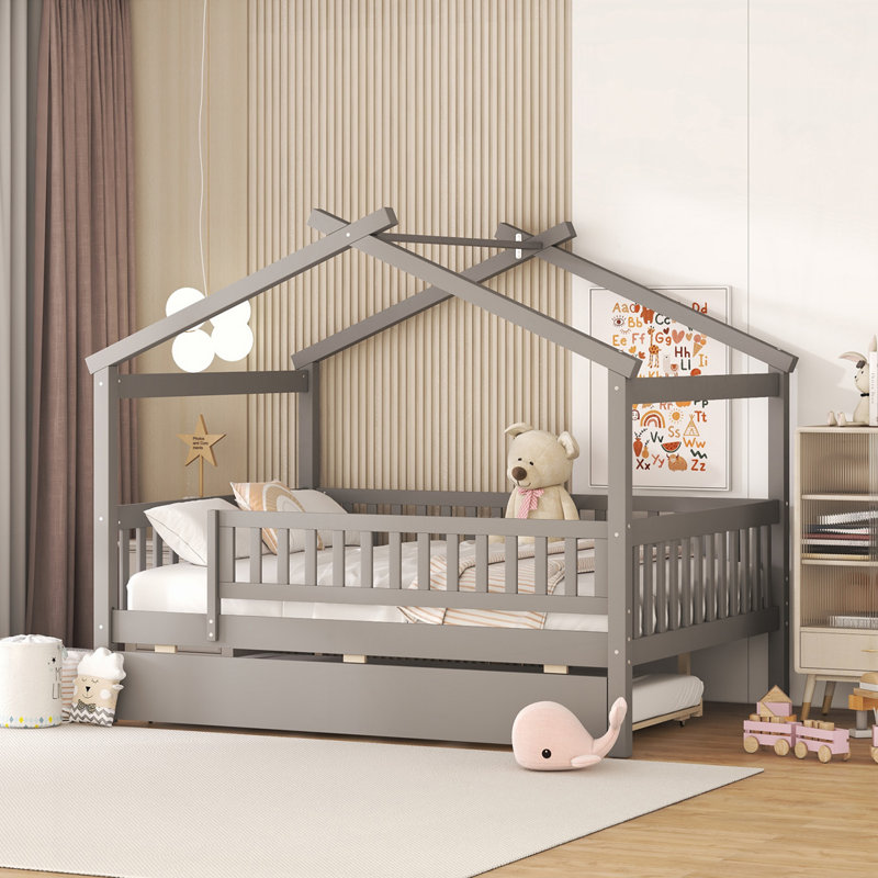 Lit en bois avec lit gigogne simple, gris, Complète