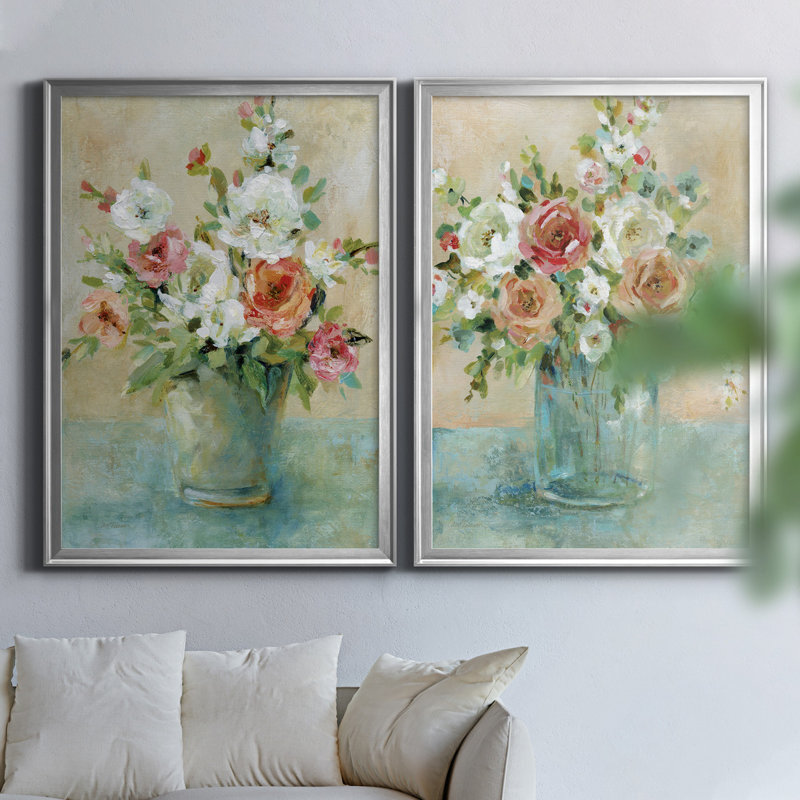 Sun Drenched Bouquet - Ensemble de 2 reproductions d'art, H 18,5 po x l 49 po x P 1,5 po, Toile encadrée argentée
