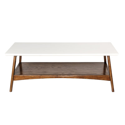 Mid-Century Inspired Coffee Table, Solid Wood & , Two Tone, And Black, Assembly Required With Extra Shelf Storage Practicality Modern Table Frame, Sur