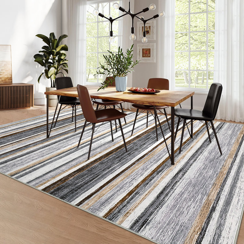 Grand tapis décoratif rayé moderne lavable à la machine 8 x 10 po avec envers antidérapant, Rectangle 9 pi x 12 pi