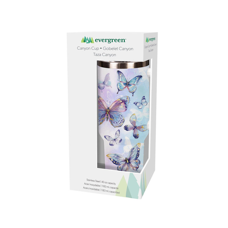 Tasse de voyage à double paroi en acier inoxydable avec boîte-cadeau et paille Sparkling Butterfly, 40 oz