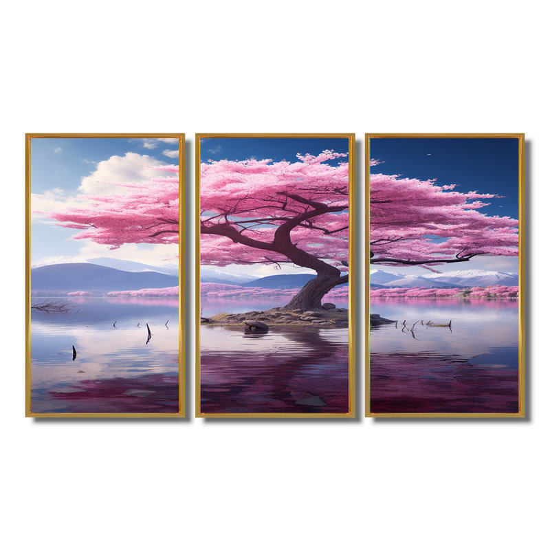 Fleur de cerisier majestueux dans un lac de montagne - Ensemble d'art mural cerisier en fleurs, Cadre flottant doré