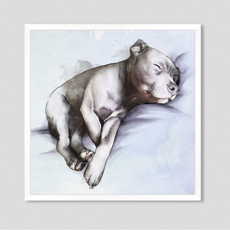 «Animals Sleeping Pitbull Dogs and Puppies», reproduction d'impression sur toile, H 32 po x l 32 po, Papier avec cadre blanc