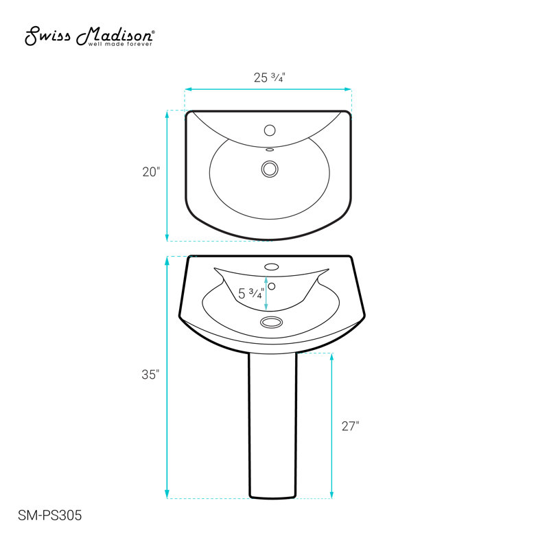 Château Pedestal Bathroom Sink U-Shaped Single Faucet Hole, White