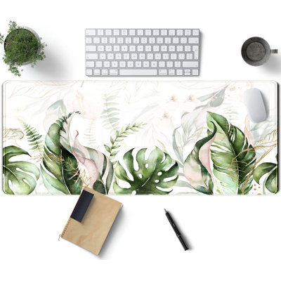 Green Tropical Leaves Desk Mat XL Large Gaming Mouse Pad Green Sage Plant Laptop Keyboard Mouse Mat Office Supplies Desk Decor Accessories for Women, Desk Mats Pads on top of Desks, 15.75 x 31.5 inComes with a pure white mug as a gift