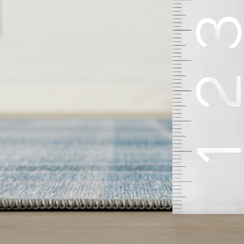 Andri Plaid Blue Machine Printed Washable Rug, Rectangle 3' x 5'