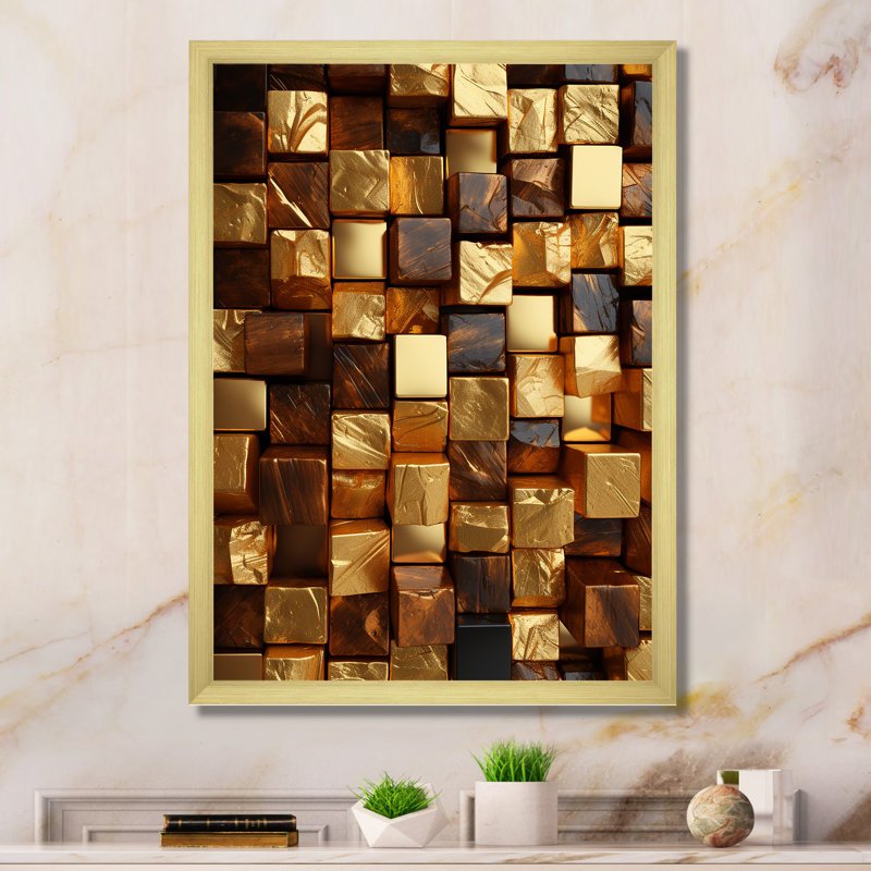 Or abstrait cubes II - art mural géométrique, Cadre doré simple, H 32 po x l 24 po x P 1 po