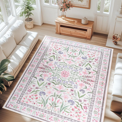 Large Oriental Floral Living Room Rug Washable Bedroom Rug Non-Slip Colorful Vintage Accent Floor Carpet For Home Decor