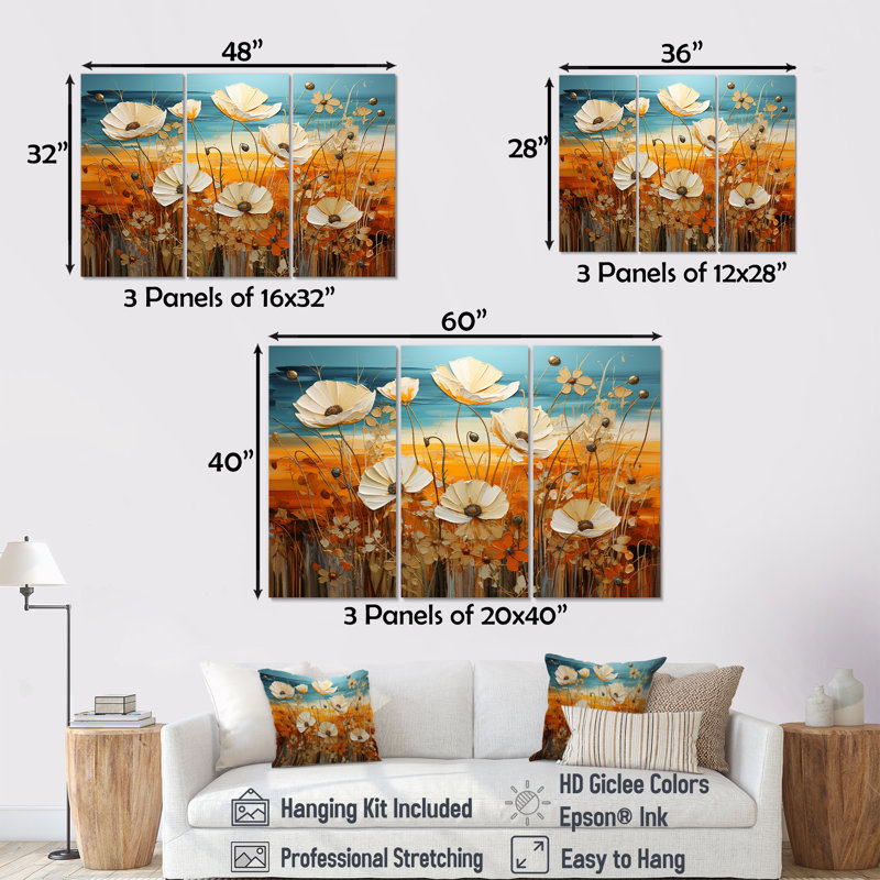 «Beautiful Warm Flowers Field I», ensemble de reproductions d'art mural, Toile tendue, H 40 po x l 60 po x P 1 po