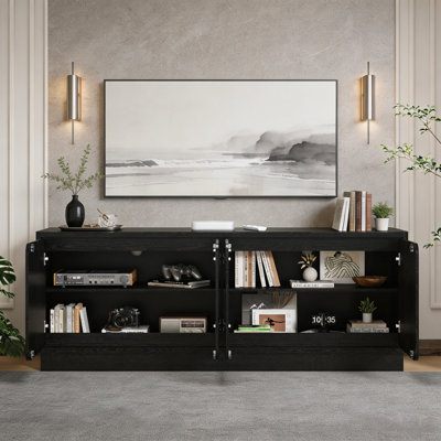63" Black TV Stand with 4 Storage Doors and Cable Management, Low Profile Wood Grain Media Console – Modern Entertainment Cabinet for Living Room