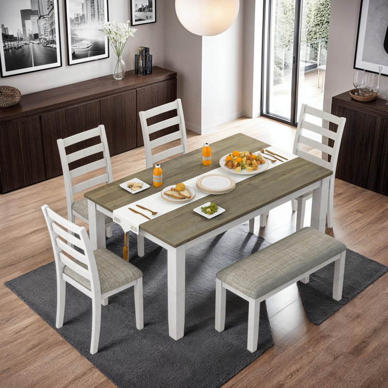 Rustic and Ergonomic Design 6-Piece Dining Table Set with 4 Wooden Chairs & 1 Bench, Distressed Finish, Brown&Grey