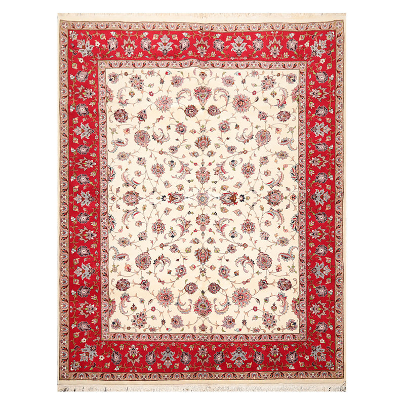 Tapis unique en laine noué à la main ivoire / rouge / rose de 8 pi 2 po x 10 pi 4 po Justyce