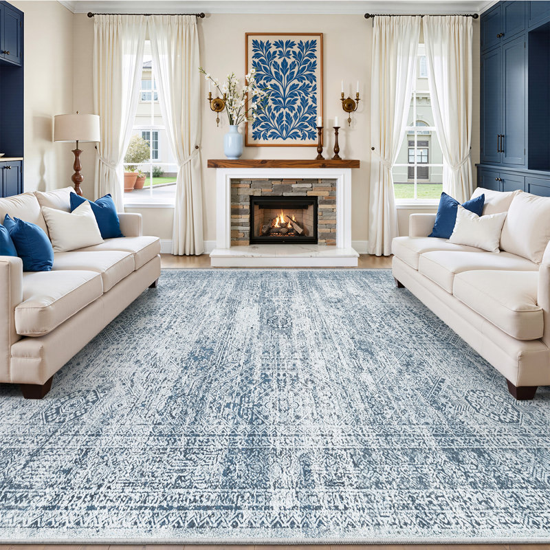 Washable Distressed Persian Rug, Rectangle 8' x 10', Blue