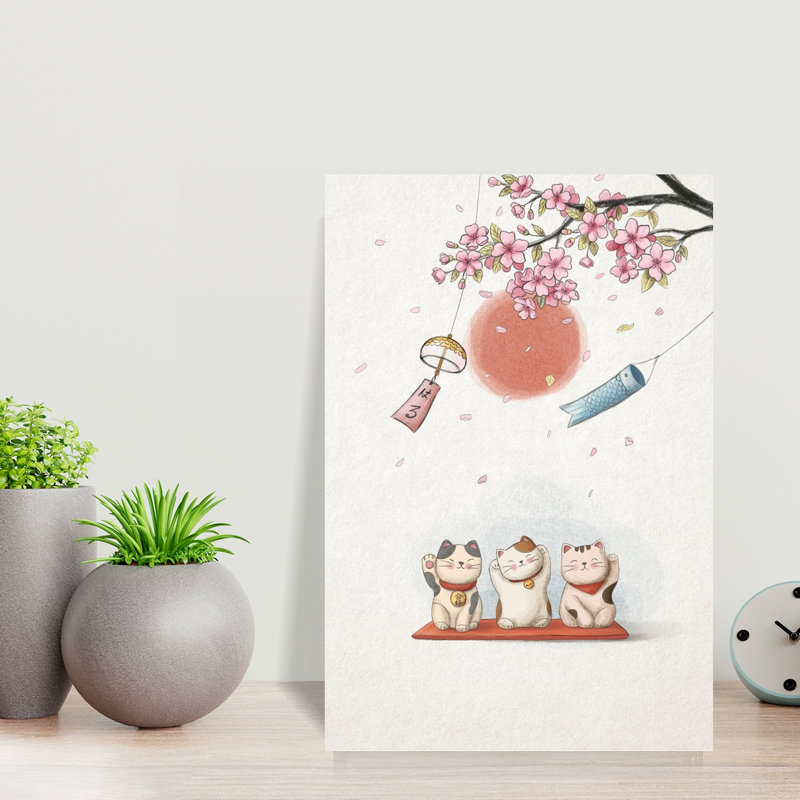 Printemps, chats chanceux, art contemporain coloré, fleur de cerisier, chat, H 18 po x l 12 po