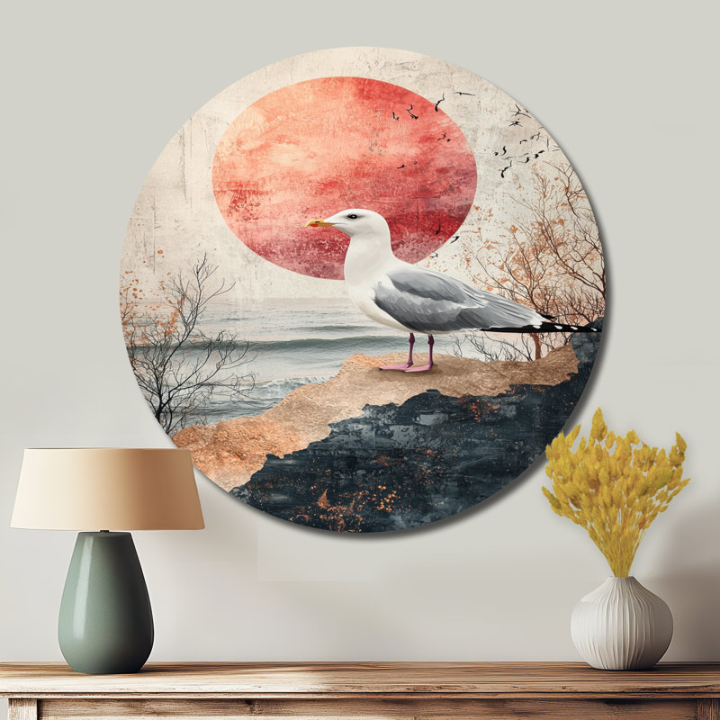 Coastal Seagull Golden Rose Sunset Elegance II - Mouette ronde, impression sur métal, H 29 po x l 29 po