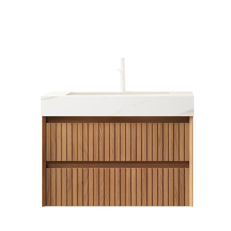 Unité de meuble-lavabo mural 30 po, plateau en pierre frittée dorée, sous-comptoir en céramique, tiroir en bois massif, structure d'armoire résistante, armoire de rangement, pierre, corps en contreplaqué, tiroirs à fermeture en douceur