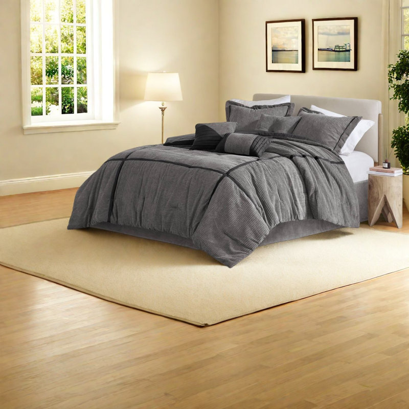 Luxurious 7-piece Micro Corduroy Bedding Set, Grey Cal King, Modern Elegance For Home