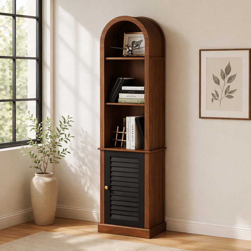 Grande bibliothèque d'angle étroite en noyer brun avec porte à volets, vitrine de coin en bois autoportante pour petits espaces, salon, chambre à coucher