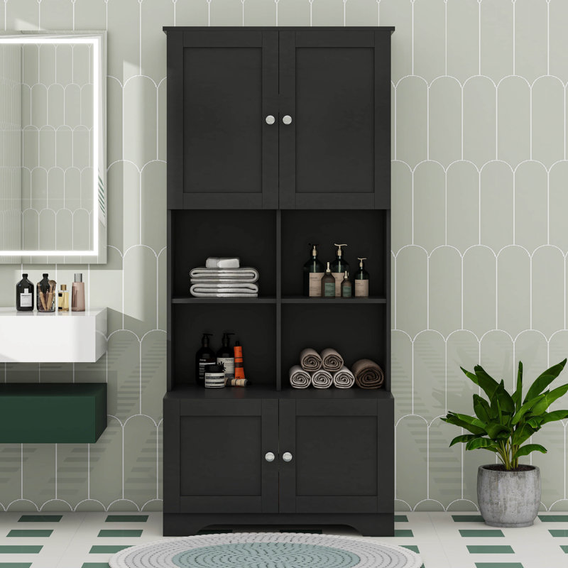 Unité de rangement pour salle de bain, armoire autoportante avec 4 portes, tablettes réglables, Noir