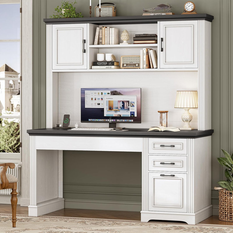Farmhouse Computer Desk With Hutch And 3 Drawers, 47.2" Executive Office Desk With Storage Drawers, Wood Desk With Power Outlet For Home Office