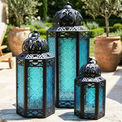 Moroccan Candle Lantern Decorative Set for Floor, Ramadan Decorations, Indoor Home Decor, Outdoor Patio or Porch, Weddings