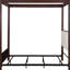 Queen Canopy Bed Made Of Rust Brown Metal, Beige Upholstered Headboard And , Vertical Grooves On Posts, Open - Frame For Airy Feel, Bedroom Essential Metal Bed, Headboard, Frame, Canopy, Box Spring