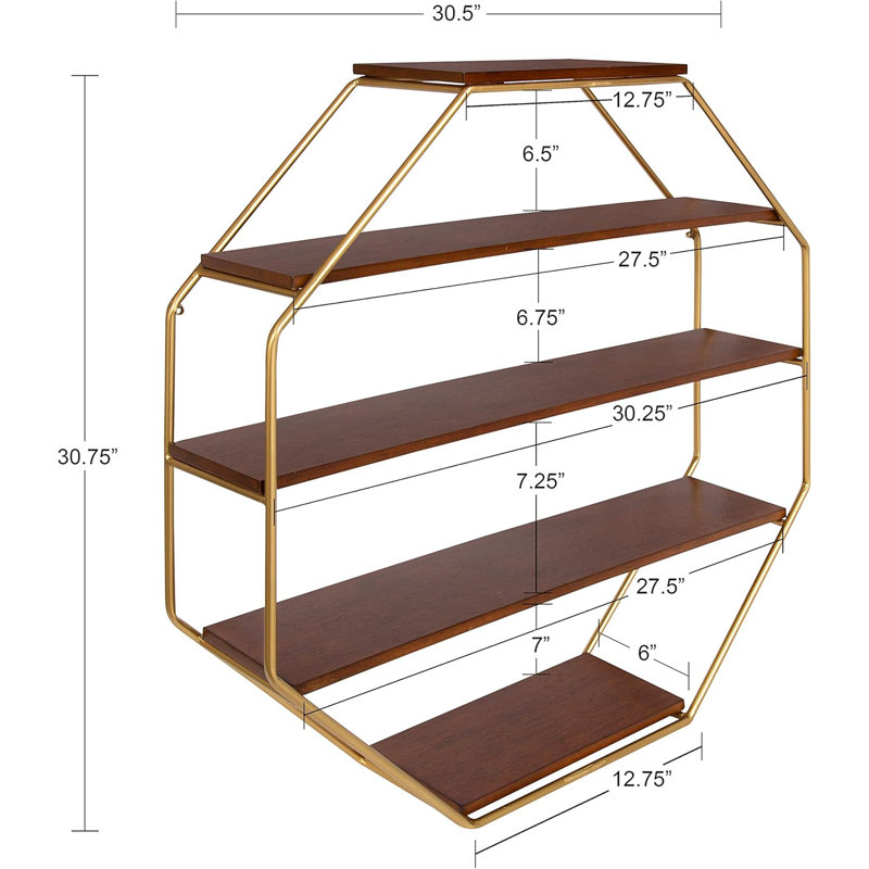 Floating Wood Wall Shelves With Gold Metal Frame, Octagon Design For Decorative Storage And Display